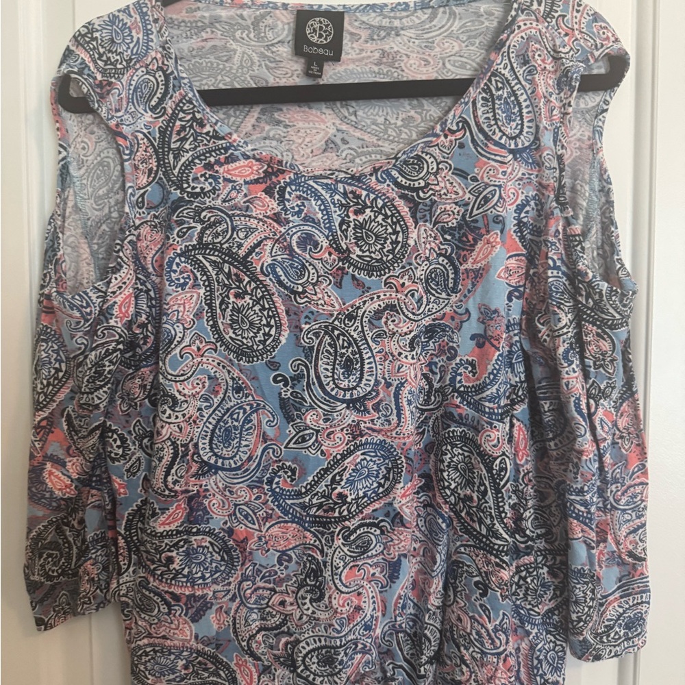 Bobeau Gray and Pink Cut Out Blouse